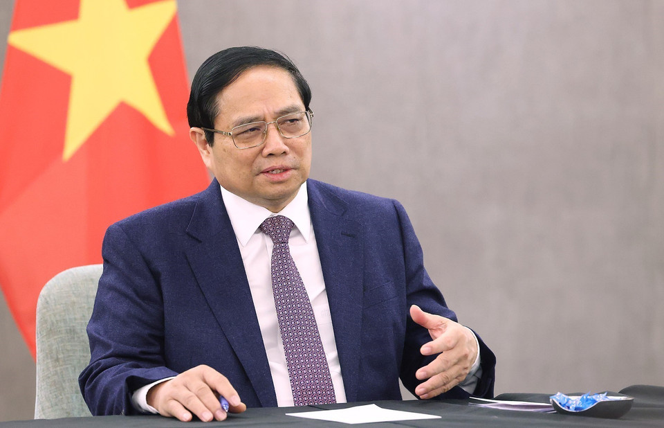 Thủ tướng Phạm Minh Chính tiếp Nhóm khoa học công nghệ người Việt Nam tại New Zealand. (Ảnh: Dương Giang/TTXVN)