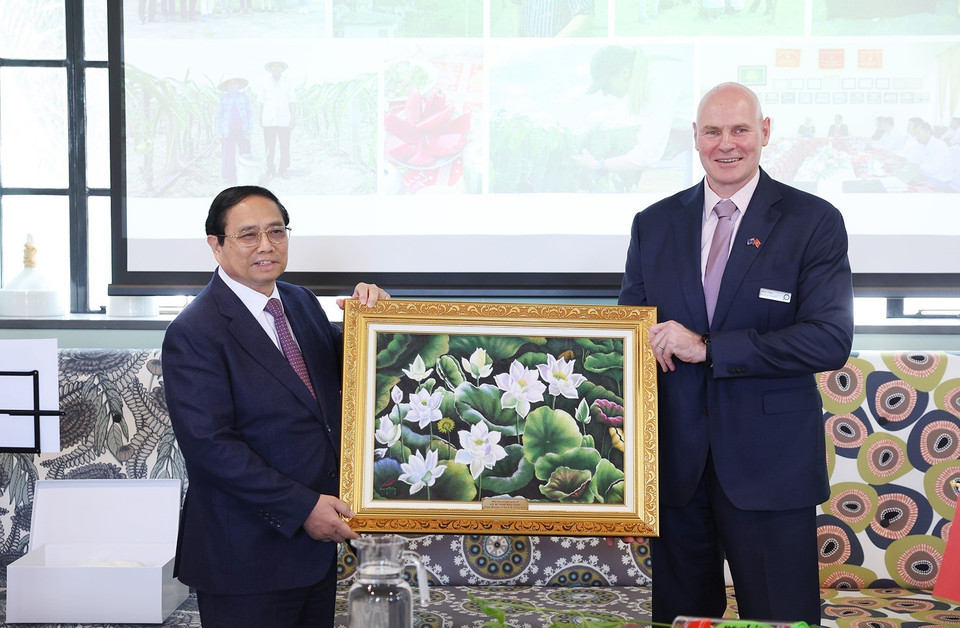 Thủ tướng Phạm Minh Chính tặng bức tranh hoa Sen cho Viện nghiên cứu cây trồng và thực phẩm New Zealand. (Ảnh: Dương Giang/TTXVN)