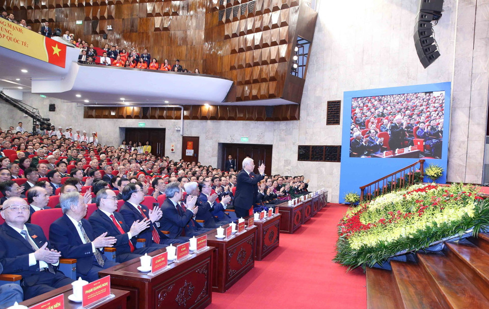 Các đồng chí ãnh đạo Đảng, Nhà nước dự khai mạc Đại hội. (Ảnh: Phương Hoa/TTXVN)