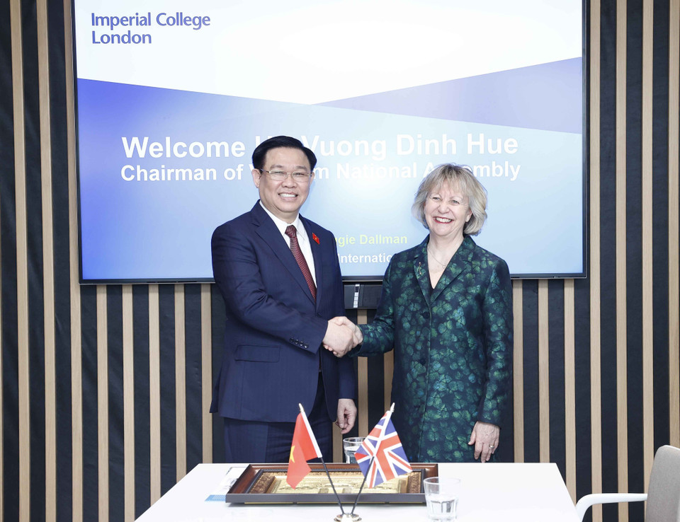 Chủ tịch Quốc hội Vương Đình Huệ tiếp Giáo sư Maggie Dallman, Phó Hiệu trưởng Trường Imperial College London. (Ảnh: Doãn Tấn/TTXVN)