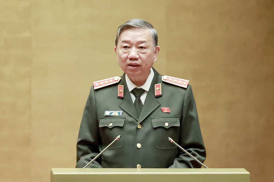 Đại tướng Tô Lâm, Bộ trưởng Bộ Công an phát biểu giải trình, làm rõ một số vấn đề đại biểu Quốc hội nêu. (Ảnh: Doãn Tấn/TTXVN)