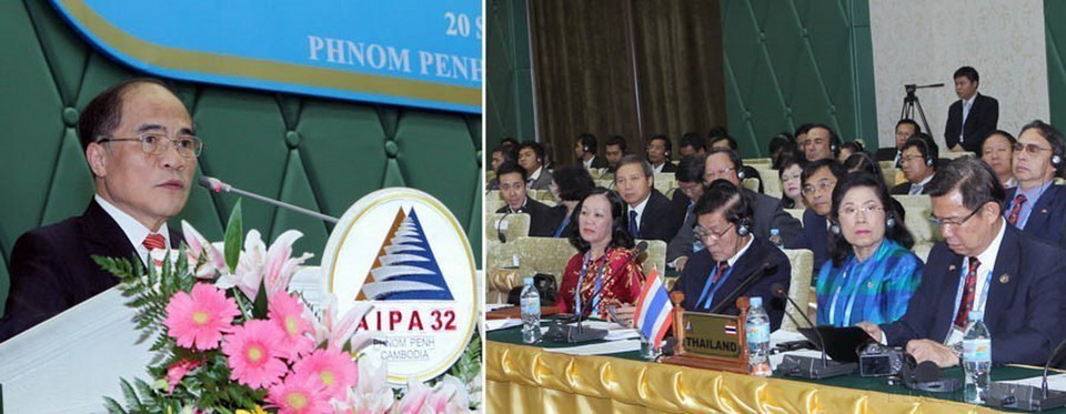 Chủ tịch Quốc hội Nguyễn Sinh Hùng phát biểu tại phiên họp toàn thể thứ nhất Đại hội đồng Liên Nghị viện các quốc gia Đông Nam Á lần thứ 32 (AIPA-32) tổ chức tại thủ đô Phnom Penh (Camphuchia, 20/9/2011). (Ảnh: Nhan Sáng/TTXVN)