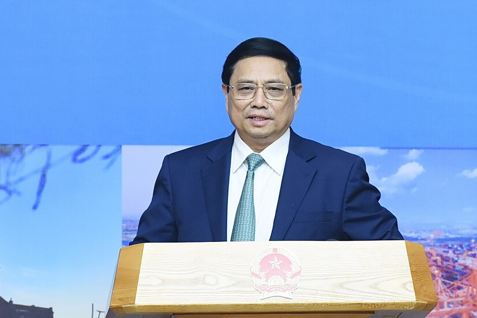 Thủ tướng Phạm Minh Chính phát biểu tại Hội nghị Hội đồng Điều phối vùng Đồng bằng Sông Hồng. (Ảnh: Dương Giang/TTXVN)