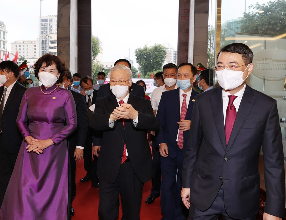 Tổng Bí thư Nguyễn Phú Trọng đến dự Lễ kỷ niệm. (Ảnh: Trí Dũng/TTXVN)