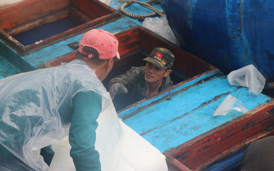 Ngư dân Phú Yên chuẩn bị nhiên liệu, đá cho chuyến biển Tết. (Ảnh: Phạm Cường-TTXVN)
