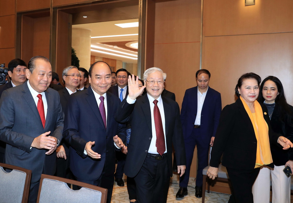 Tổng Bí thư, Chủ tịch nước Nguyễn Phú Trọng, Thủ tướng Nguyễn Xuân Phúc, Chủ tịch Quốc hội Nguyễn Thị Kim Ngân đến dự hội nghị. (Ảnh: Thống Nhất/TTXVN)