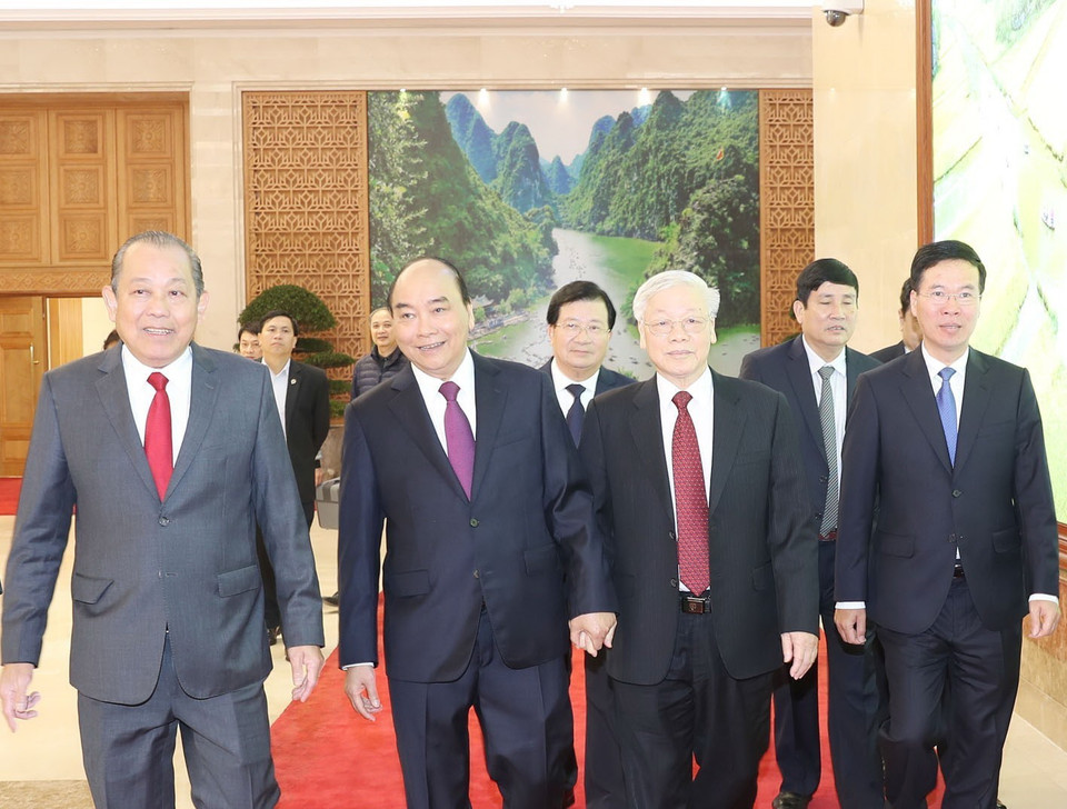 Tổng Bí thư, Chủ tịch nước Nguyễn Phú Trọng, Thủ tướng Chính phủ Nguyễn Xuân Phúc và các đại biểu đến dự Hội nghị. (Ảnh: Trí Dũng/TTXVN)