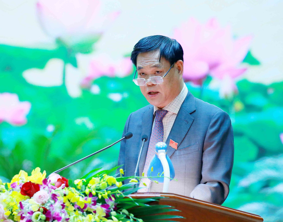 Đồng chí Huỳnh Tấn Việt, Ủy viên Trung ương Đảng, Bí thư Đảng ủy Khối các cơ quan Trung ương phát biểu bế mạc Đại hội. (Ảnh: Phương Hoa/TTXVN)