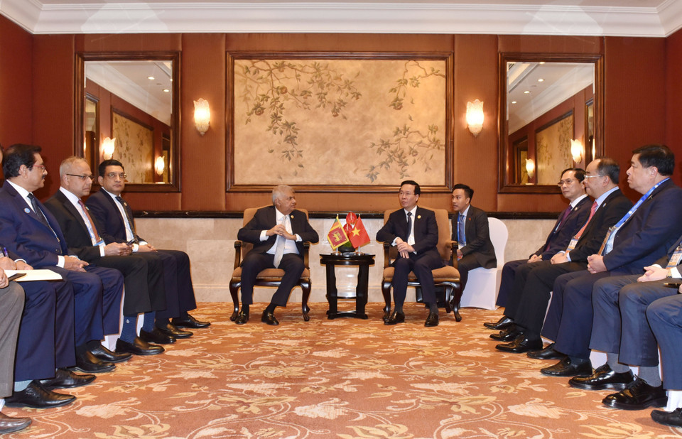 Chủ tịch nước Võ Văn Thưởng gặp Tổng thống Sri Lanka Ranil Wickremesinghe. (Ảnh: Tiến Trung/TTXVN)