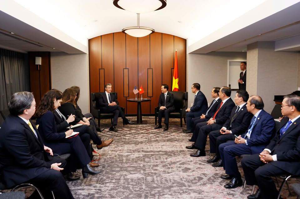 Chủ tịch nước Võ Văn Thưởng tiếp Thống đốc bang California Gavin Newsom. (Ảnh: Thống Nhất/TTXVN)