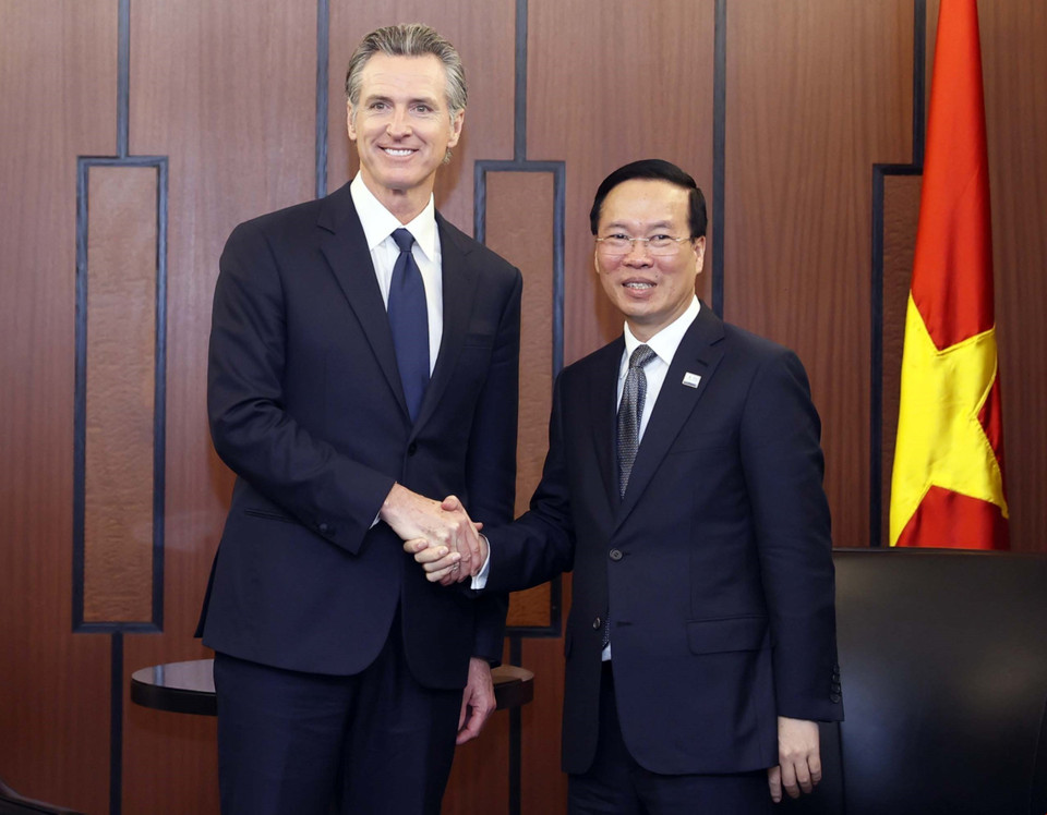 Chủ tịch nước Võ Văn Thưởng tiếp Thống đốc bang California Gavin Newsom. (Ảnh: Thống Nhất/TTXVN)