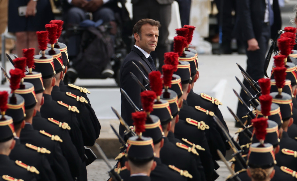 Tổng thống Pháp Emmanuel Macron tại Lễ Duyệt binh. (Ảnh: THX/TTXVN)