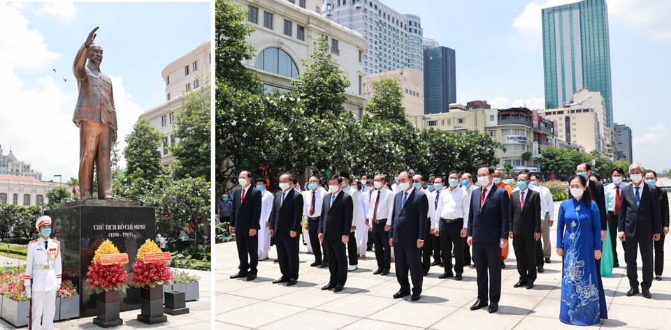 Chủ tịch nước Nguyễn Xuân Phúc dâng hoa tại Công viên Tượng đài Chủ tịch Hồ Chí Minh. (Ảnh: Thống Nhất/TTXVN)