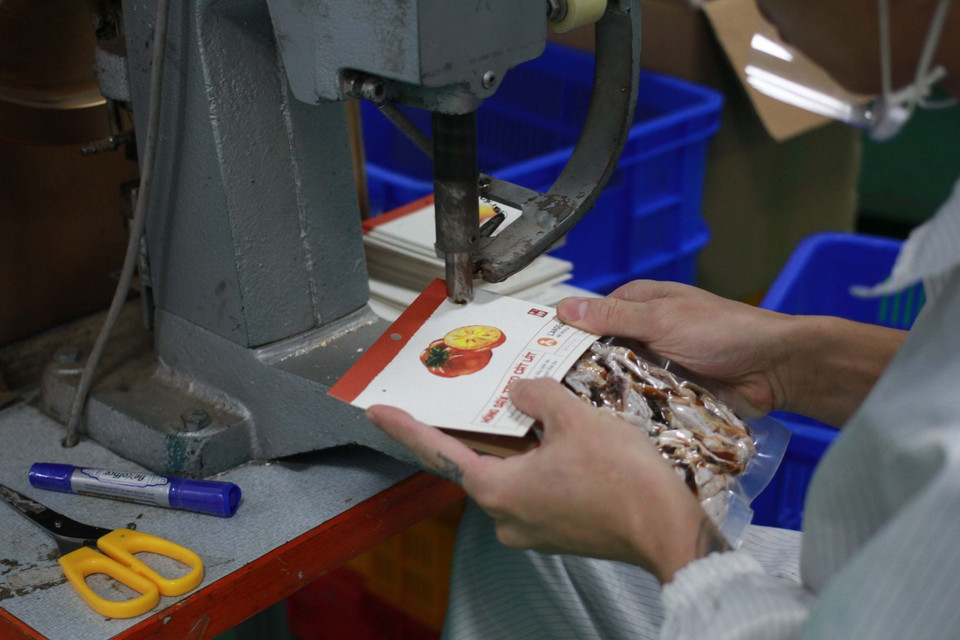 Công đoạn đóng gói sản phẩm. (Ảnh: Đặng Tuấn/TTXVN)