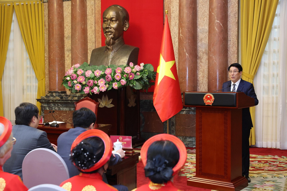 Chủ tịch nước Lương Cường phát biểu tại buổi gặp mặt. (Ảnh: Lâm Khánh/TTXVN)