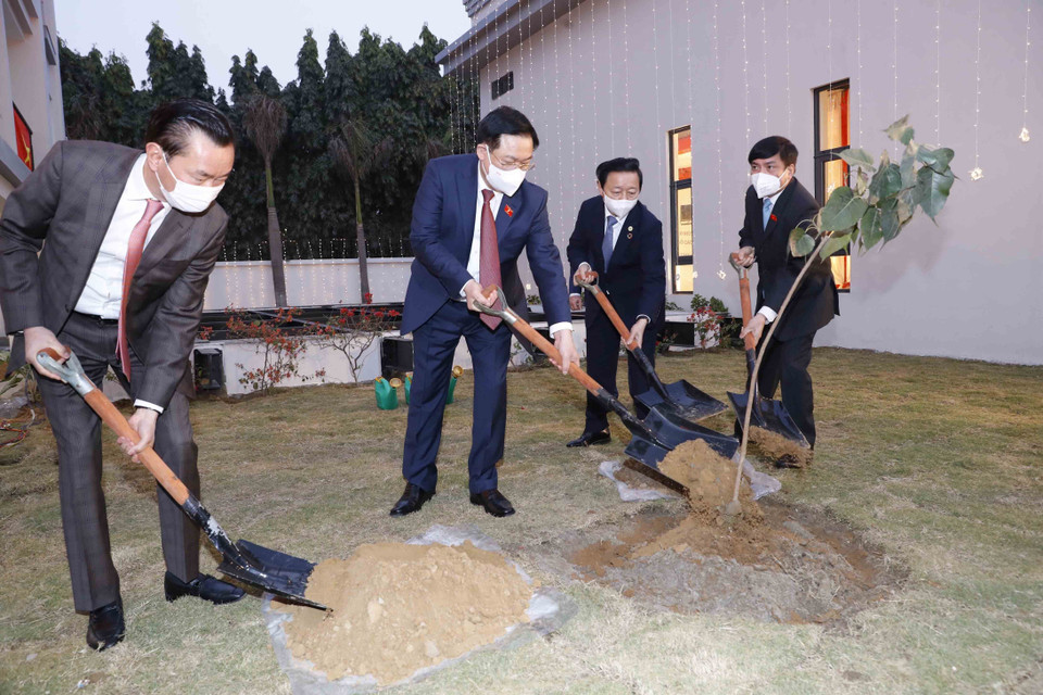 Chủ tịch Quốc hội Vương Đình Huệ trồng cây lưu niệm. (Ảnh: Doãn Tấn/TTXVN)