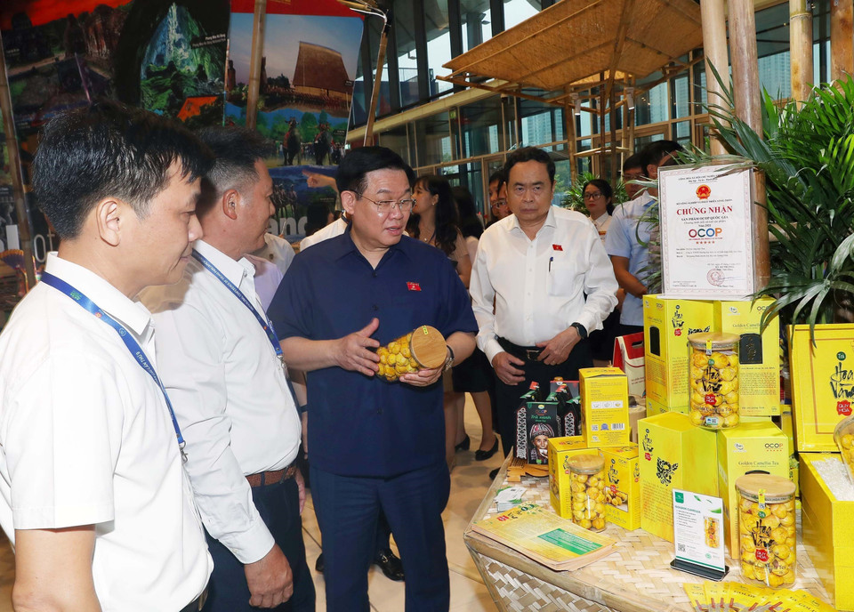 Chủ tịch Quốc hội Vương Đình Huệ và các đại biểu tham quan các gian hàng trưng bày sản phẩm của Việt Nam. (Ảnh: Trọng Đức/TTXVN)