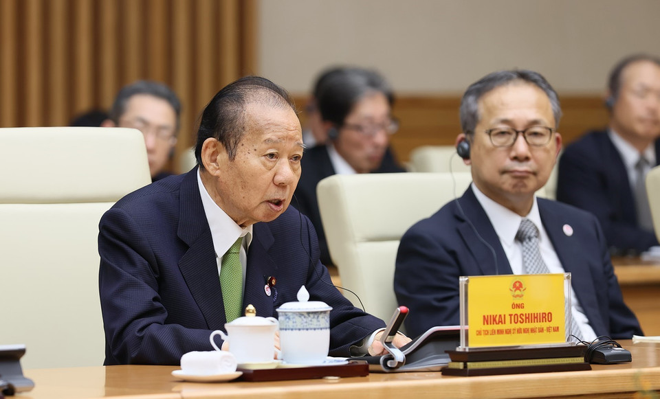 Chủ tịch Liên minh Nghị sỹ hữu nghị Nhật Bản-Việt Nam Nikai Toshihiro phát biểu. (Ảnh: Dương Giang/TTXVN)