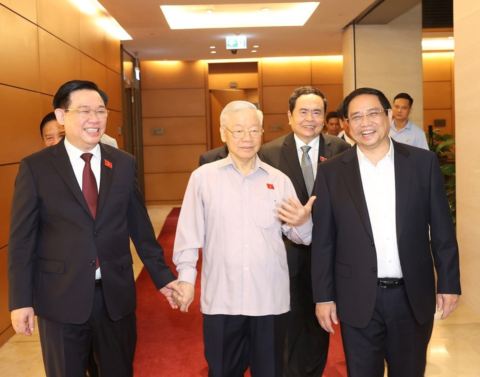 Tổng Bí thư Nguyễn Phú Trọng, các đồng chí lãnh đạo Đảng, Nhà nước đến dự phiên họp. (Ảnh: Trí Dũng/TTXVN)