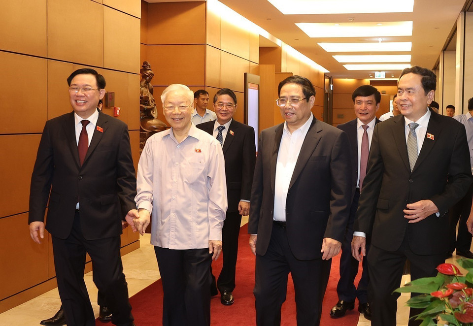 Tổng Bí thư Nguyễn Phú Trọng, các đồng chí lãnh đạo Đảng, Nhà nước đến dự phiên họp. (Ảnh: Trí Dũng/TTXVN)