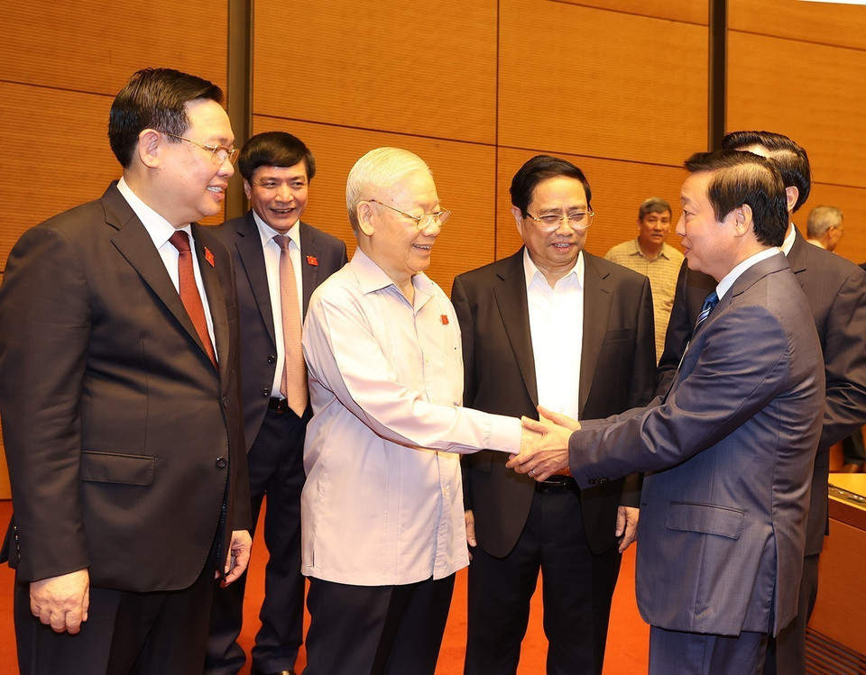 Tổng Bí thư Nguyễn Phú Trọng, các đồng chí lãnh đạo Đảng, Nhà nước đến dự phiên họp. (Ảnh: Trí Dũng/TTXVN)