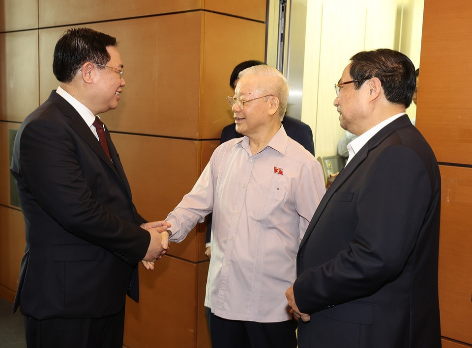 Tổng Bí thư Nguyễn Phú Trọng, các đồng chí lãnh đạo Đảng, Nhà nước đến dự phiên họp. (Ảnh: Trí Dũng/TTXVN)