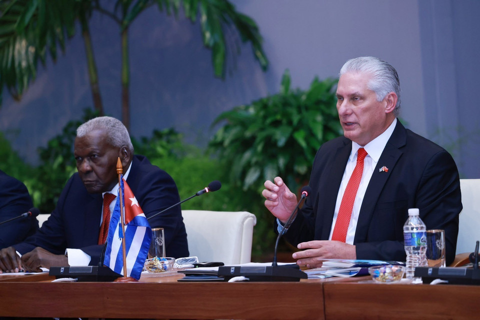 Bí thư thứ nhất Đảng Cộng sản Cuba, Chủ tịch Cuba Miguel Diaz-Canel Bermudez phát biểu tại cuộc hội đàm với Tổng Bí thư, Chủ tịch nước Tô Lâm. (Ảnh: Lâm Khánh/TTXVN)