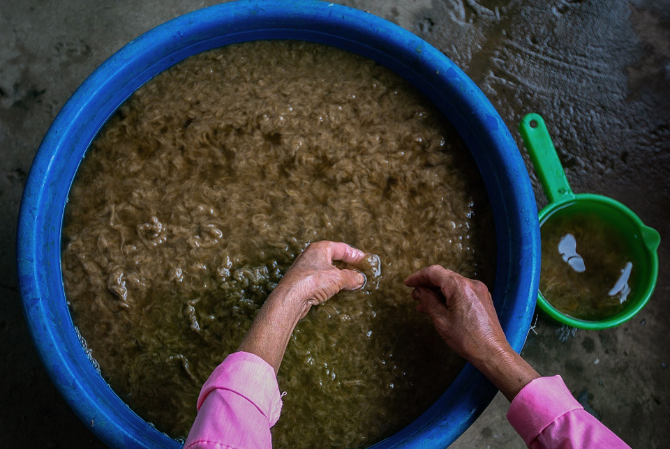 Sau khi đã ngâm mềm, vỏ cây dướng được cho vào bể nghiền thành bột để làm thành giấy dó. (Ảnh: Trọng Đạt/TTXVN)