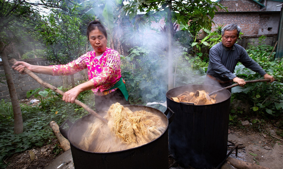 Vỏ cây dướng được ngâm trong nước 2-3 ngày để làm mềm ra, ngâm qua nước vôi, rồi nấu đun sủi liên tục trên 10 tiếng và được ủ qua 1 ngày 1 đêm. Tiếp tục ngâm vỏ cây dướng trong nước sạch khoảng 7-10 ngày để thải hết nhựa cây và chất vôi. (Ảnh: Trọng Đạt/TTXVN)