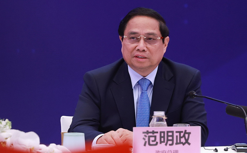 Thủ tướng Phạm Minh Chính phát biểu tại Toạ đàm doanh nghiệp Việt Nam-Trung Quốc. (Ảnh: Dương Giang/TTXVN)