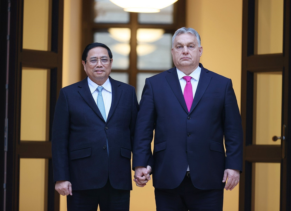 Thủ tướng Phạm Minh Chính và Thủ tướng Hungary Viktor Orbán. (Ảnh: Dương Giang/TTXVN)