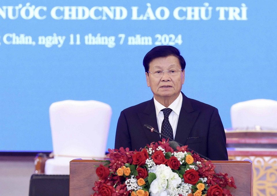 Tổng Bí thư, Chủ tịch nước Lào Thongloun Sisoulith phát biểu chào mừng. (Ảnh: Nhan Sáng/TTXVN)