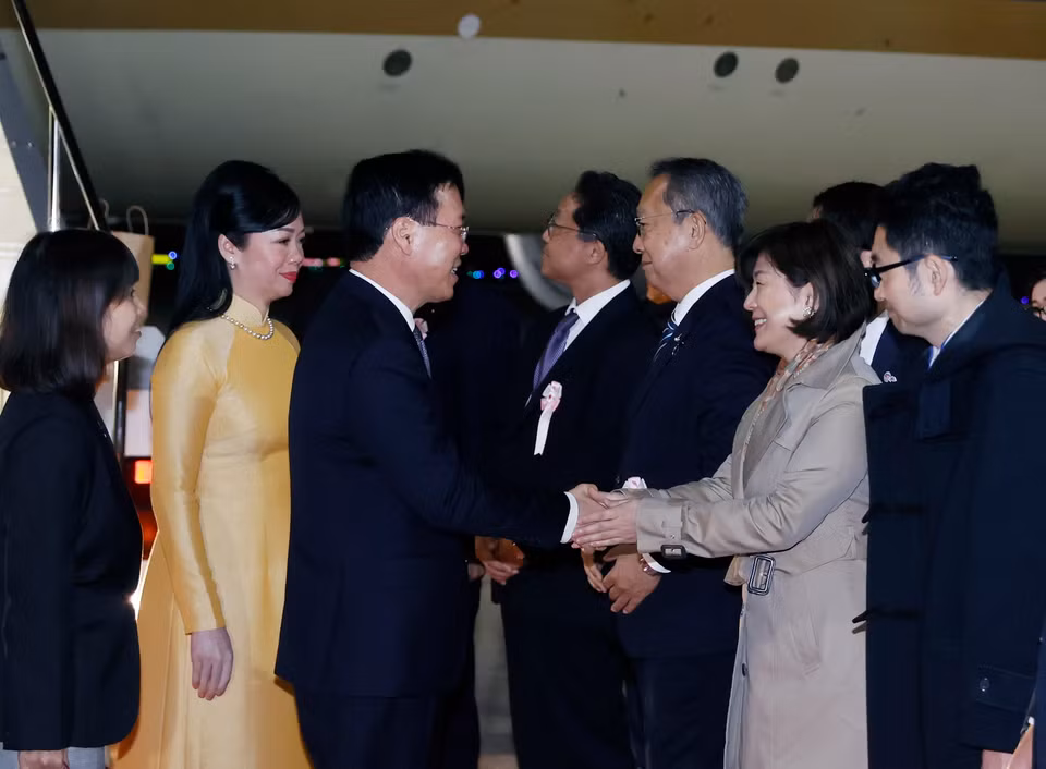 Lễ đón Chủ tịch nước Võ Văn Thưởng và Phu nhân tại sân bay Haneda, thủ đô Tokyo. (Ảnh: Thống Nhất/TTXVN)