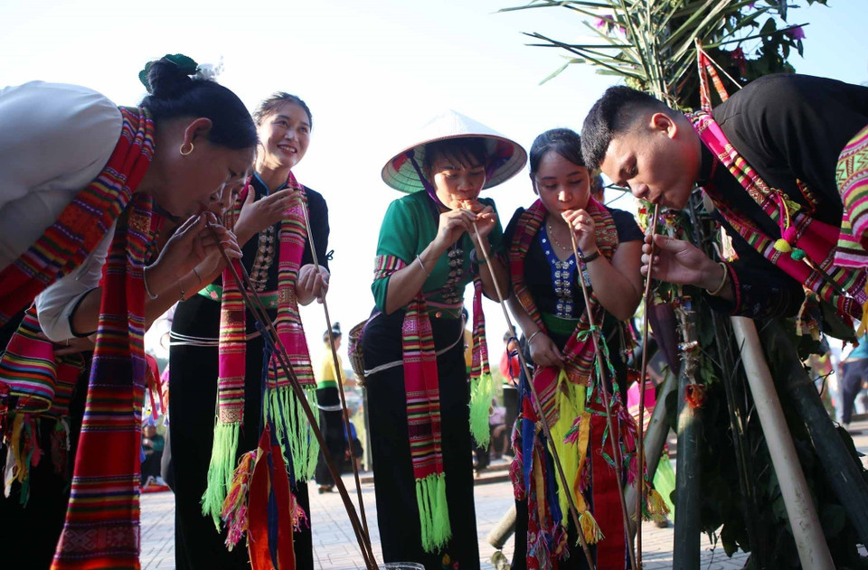 Uống rượu cần, một trong những nét văn hóa của dân tộc Thái Đen ở Lai Châu. (Ảnh: Quý Trung/TTXVN)