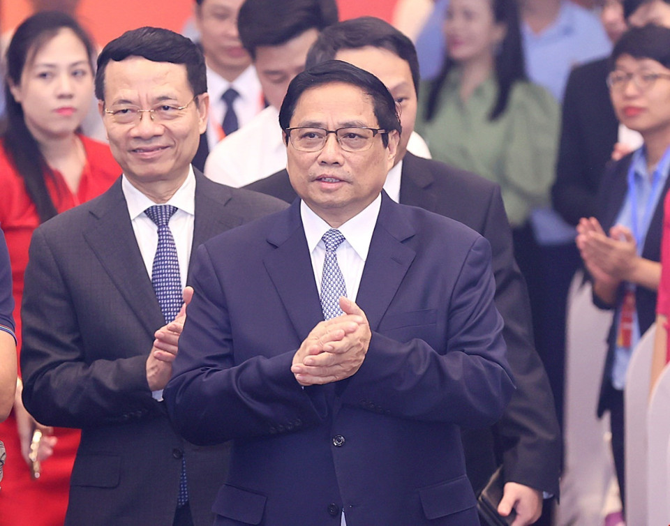 Thủ tướng Phạm Minh Chính đến dự Ngày Chuyển đổi Số Quốc gia (10/10). (Ảnh: Dương Giang/TTXVN)