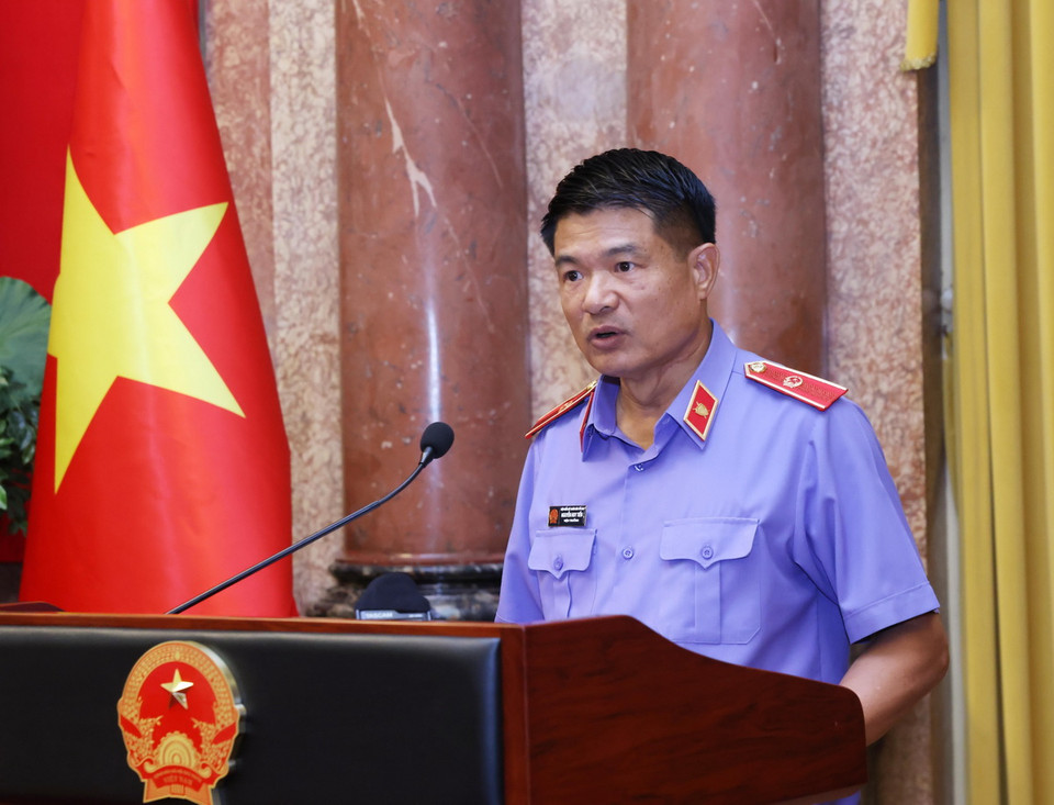 Viện trưởng Viện Kiểm sát Nhân dân Tối cao Nguyễn Huy Tiến phát biểu. (Ảnh: Lâm Khánh/TTXVN)