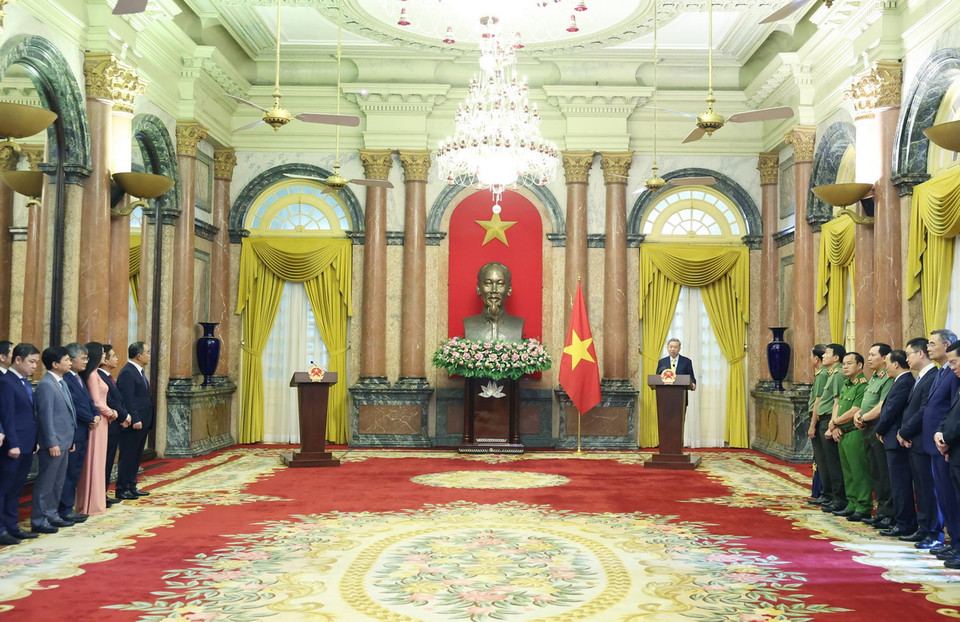 Đại tướng Tô Lâm, Ủy viên Bộ Chính trị, Chủ tịch nước phát biểu. (Ảnh: Thống Nhất/TTXVN)