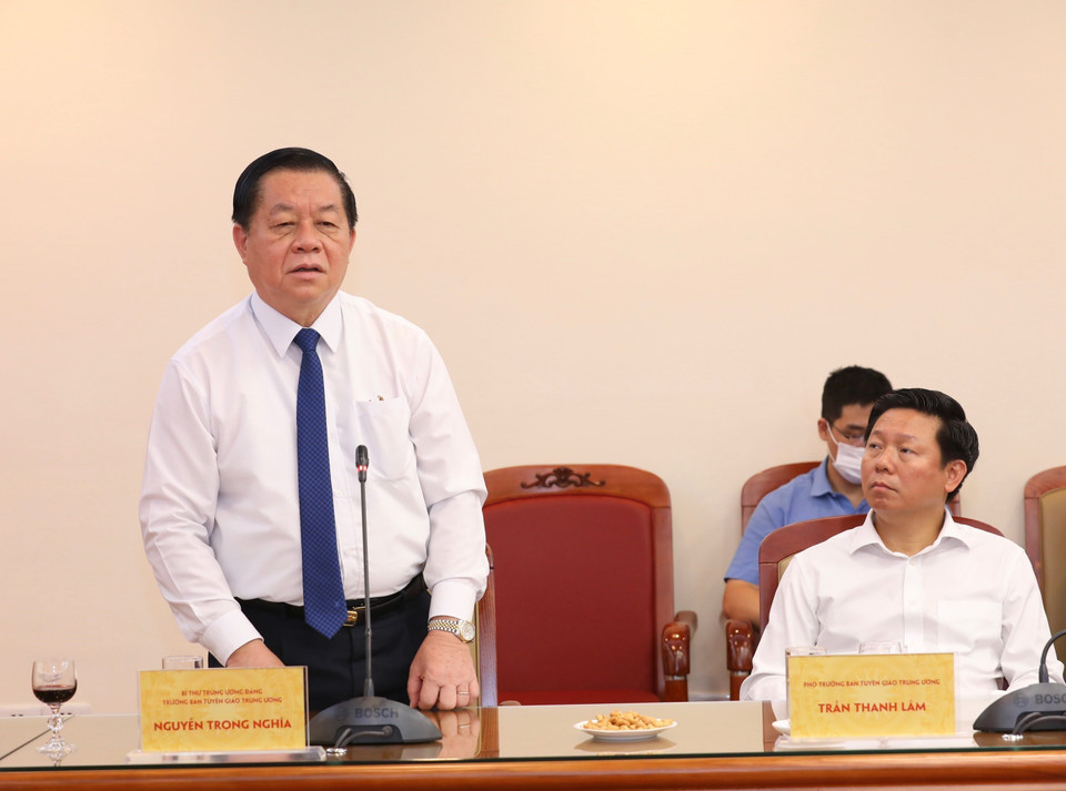 Bí thư Trung ương Đảng, Trưởng Ban Tuyên giáo Trung ương Nguyễn Trọng Nghĩa phát biểu. (Ảnh: Hoàng Hiếu/Thông tấn xã Việt Nam)