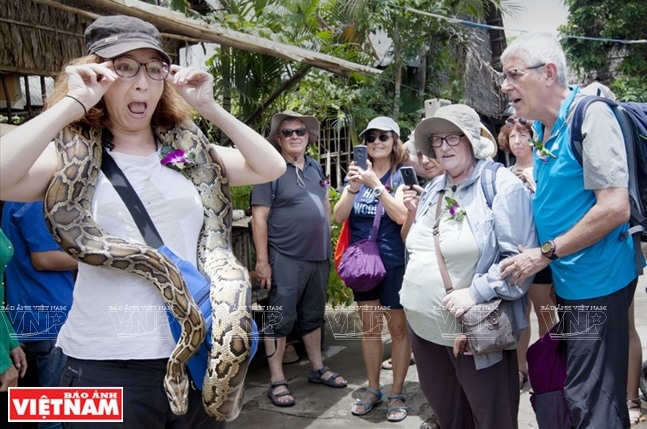Trải nghiệm cảm giác mạnh của du khách nước ngoài khi đên miệt vườn. (Ảnh: Đặng Kim Phương)