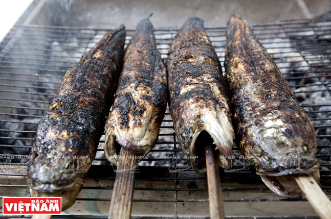 Cá lóc nướng đặc sản vùng Đồng bằng Sông Cửu Long mùa nước nổi. (Ảnh: Đặng Kim Phương)