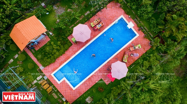 Hồ bơi dành cho du khách ở nhà vườn Năm Hiền, huyện Chợ Lách tỉnh Bến Tre. (Ảnh: Nguyễn Luân)