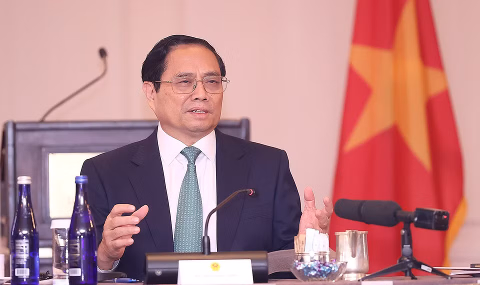 Thủ tướng Phạm Minh Chính phát biểu tại cuộc Tọa đàm Chính sách với các Giáo sư, Chuyên gia Kinh tế Hoa Kỳ. (Ảnh: Dương Giang/TTXVN)