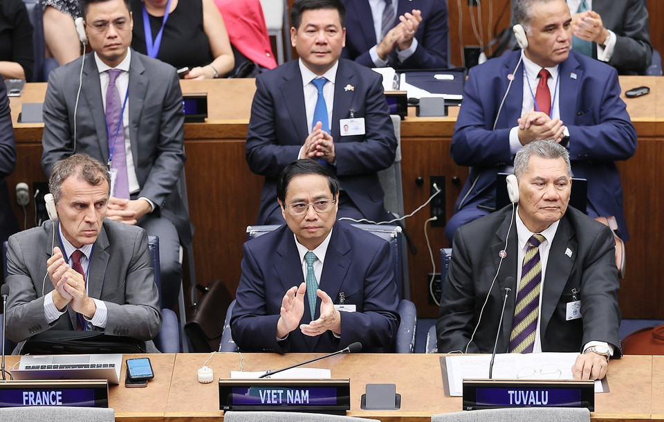 Thủ tướng Phạm Minh Chính phát biểu tại Hội nghị Thượng đỉnh Tham vọng Khí hậu của Liên hợp quốc. (Ảnh: Dương Giang/TTXVN)