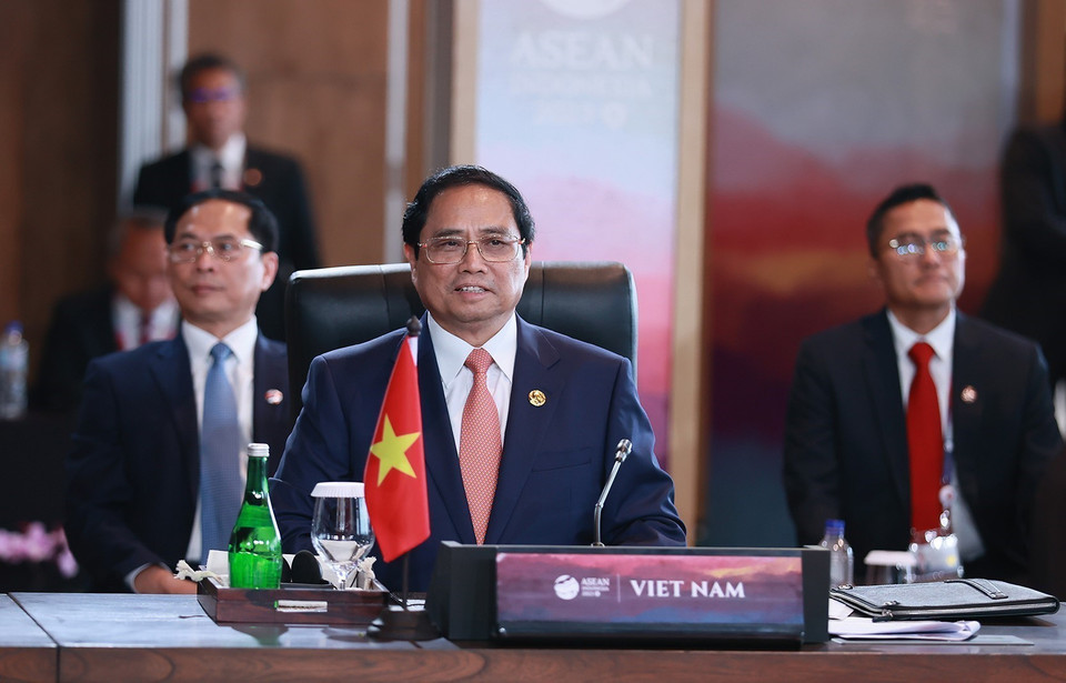 Thủ tướng Phạm Minh Chính tham dự Phiên Đối thoại giữa các lãnh đạo ASEAN và ABAC. (Ảnh: Dương Giang/TTXVN)