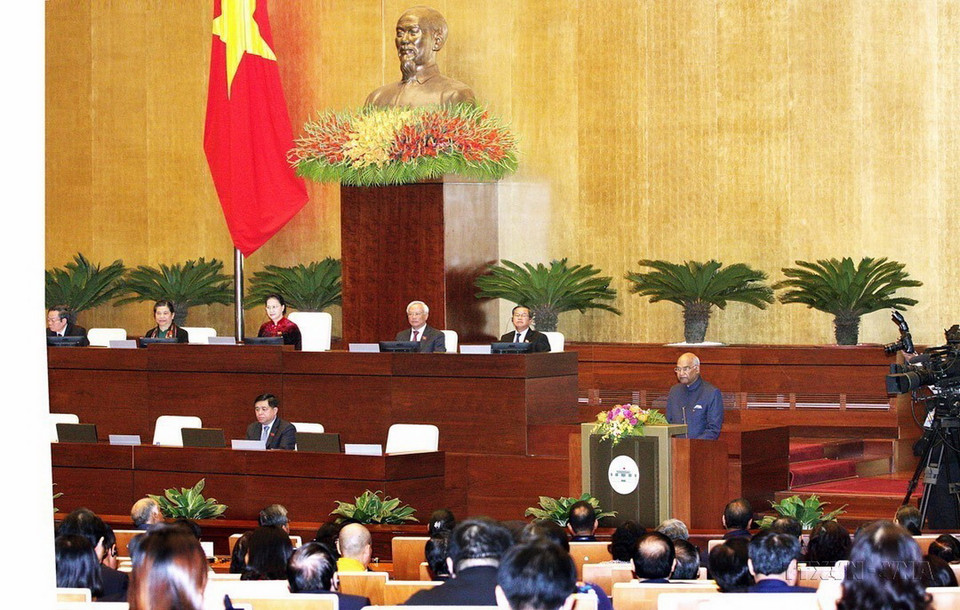 Trong chương trình thăm cấp Nhà nước tới Việt Nam, Tổng thống Ấn Độ Ram Nath Kovind dự và phát biểu tại Kỳ họp thứ sáu, Quốc hội khóa XIV (20/11/2018). (Ảnh: Nguyễn Dân/TTXVN)