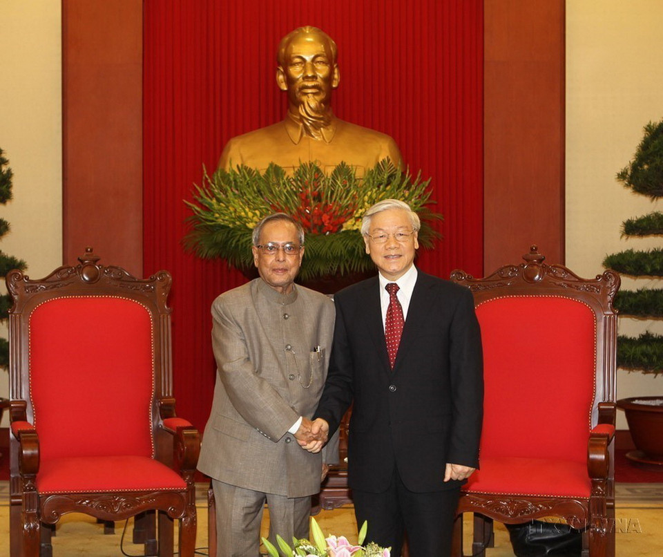 Tổng Bí thư Nguyễn Phú Trọng tiếp Tổng thống Ấn Độ Pranab Mukherjee thăm cấp Nhà nước đến Việt Nam (15/9/2014). (Ảnh: Trí Dũng/TTXVN)