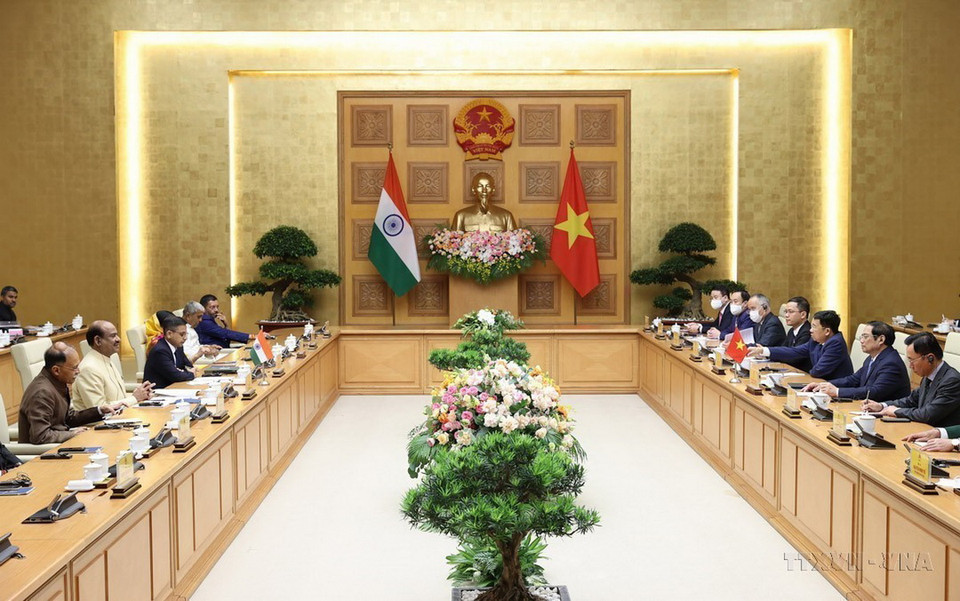 Thủ tướng Phạm Minh Chính tiếp Chủ tịch Hạ viện Ấn Độ Om Birla trong chuyến thăm chính thức Việt Nam (19/4/2022). (Ảnh: Dương Giang/TTXVN)