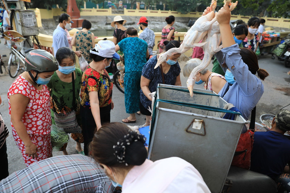 Người dân chen nhau mua thực phẩm tại 1 chợ cóc, không tuân thủ triệt để 5K. (Ảnh: Thành Đạt/TTXVN)