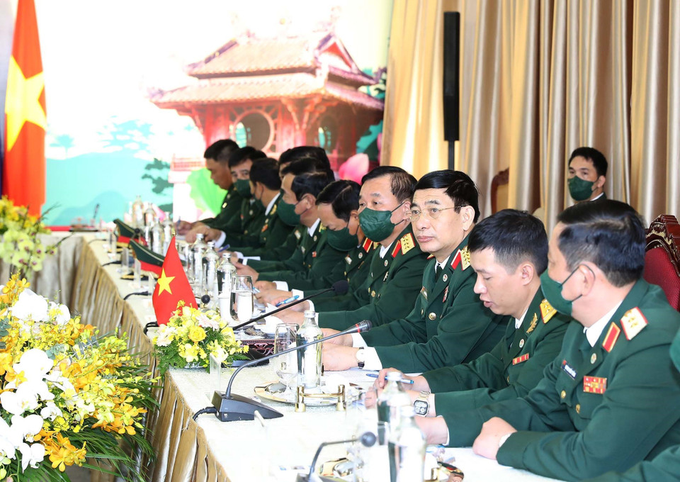 Đại tướng Phan Văn Giang, Ủy viên Bộ Chính trị, Bộ trưởng Bộ Quốc phòng Việt Nam tại hội đàm. (Ảnh: Trọng Đức/TTXVN)
