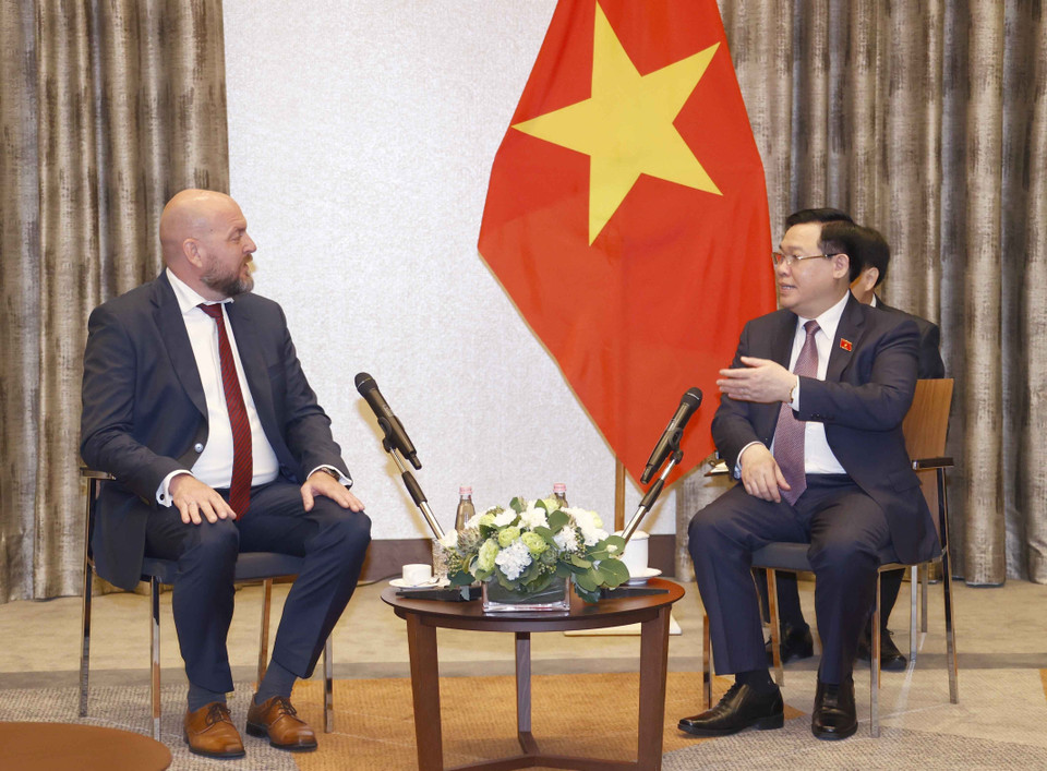 Chủ tịch Quốc hội Vương Đình Huệ tiếp Giám đốc Công ty Gedeon Richter. (Ảnh: Doãn Tấn/TTXVN)